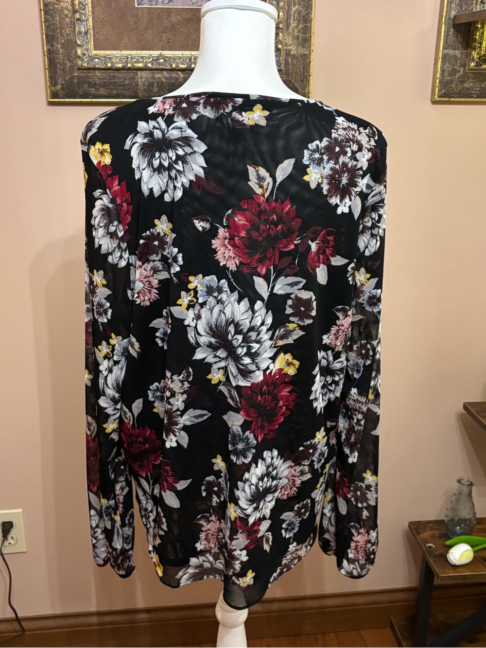 White House Black Market Black Floral Ruffle Tie-Neck Blouse - Picture 2 of 2